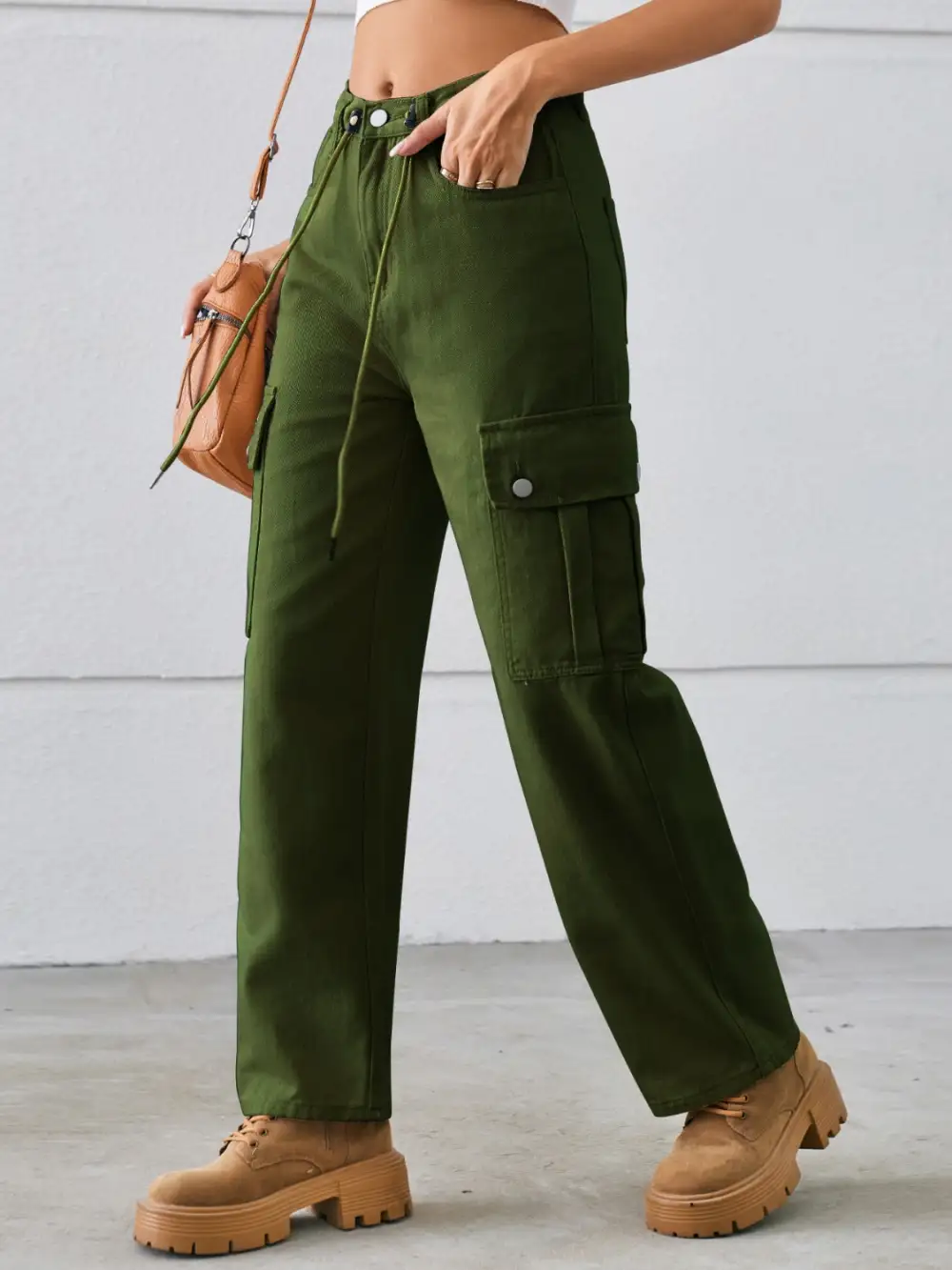 Drawstring Mid Rise Waist Straight Cargo Jeans