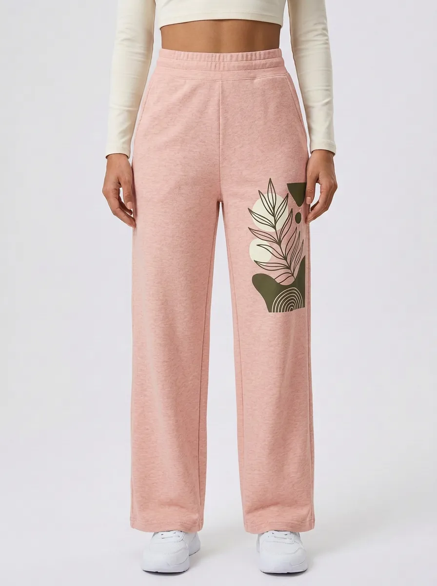 Women's Beige Geometric Print Wide-Leg Sweatpants
