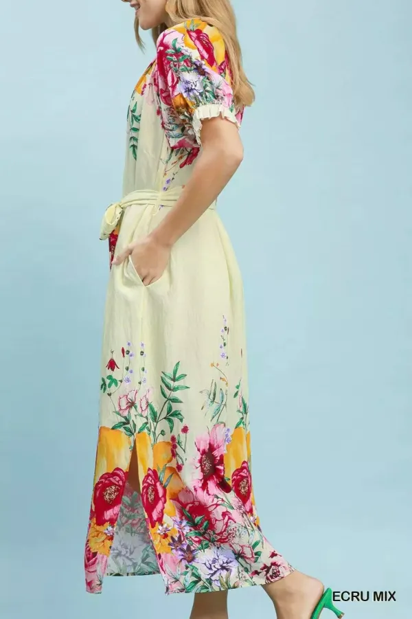 Modern Floral Print Belted Pocketed Midi Dress