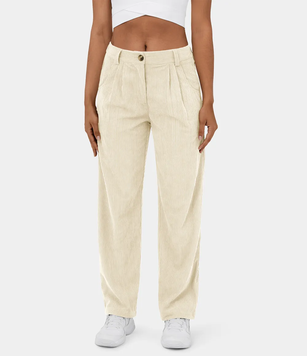 Mid Rise Button Zipper Side Pocket Corduroy Casual Pants