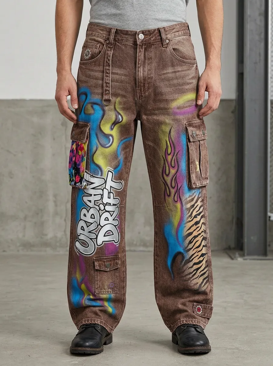 Men's Streetwear Urban Drift Graffiti Flame Graphic Cargo Jeans