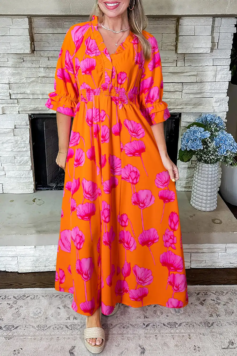 Maxi Floral Print Frilly Smocked V Neck Sleeve Long