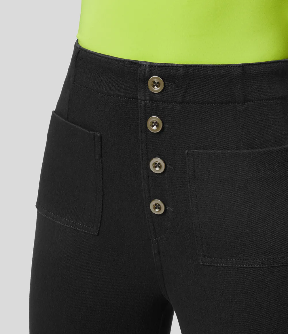 Magic High Waisted Button Pockets Washed Stretchy Knit Casual Wide Leg Jeans