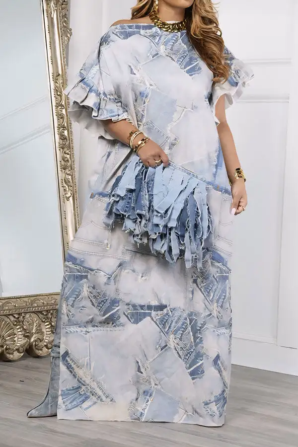 Denim Print Oversized Side-Slit Maxi Dress