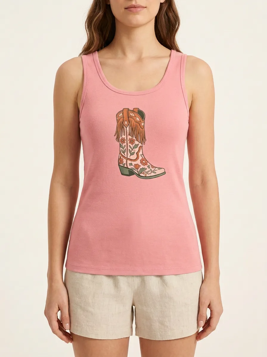 Western Fringe-Boot Floral Built-In Bra Tank Top