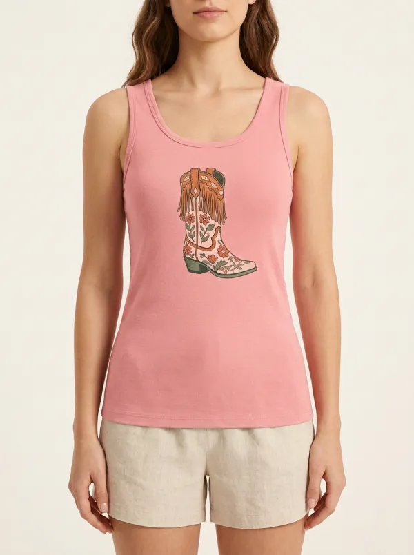 Western Fringe-Boot Floral Built-In Bra Tank Top
