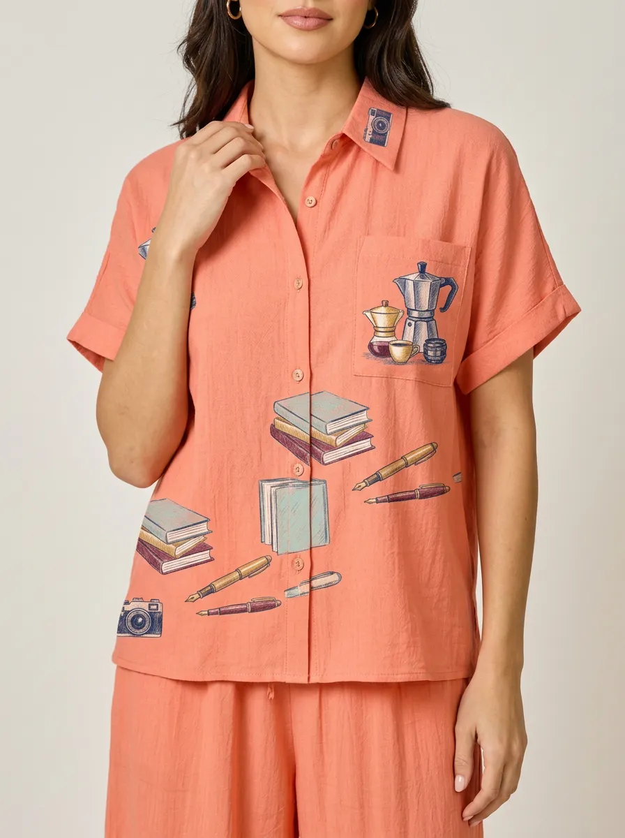 Women's Book Coffee Camera Graphic Button-Up Shirt