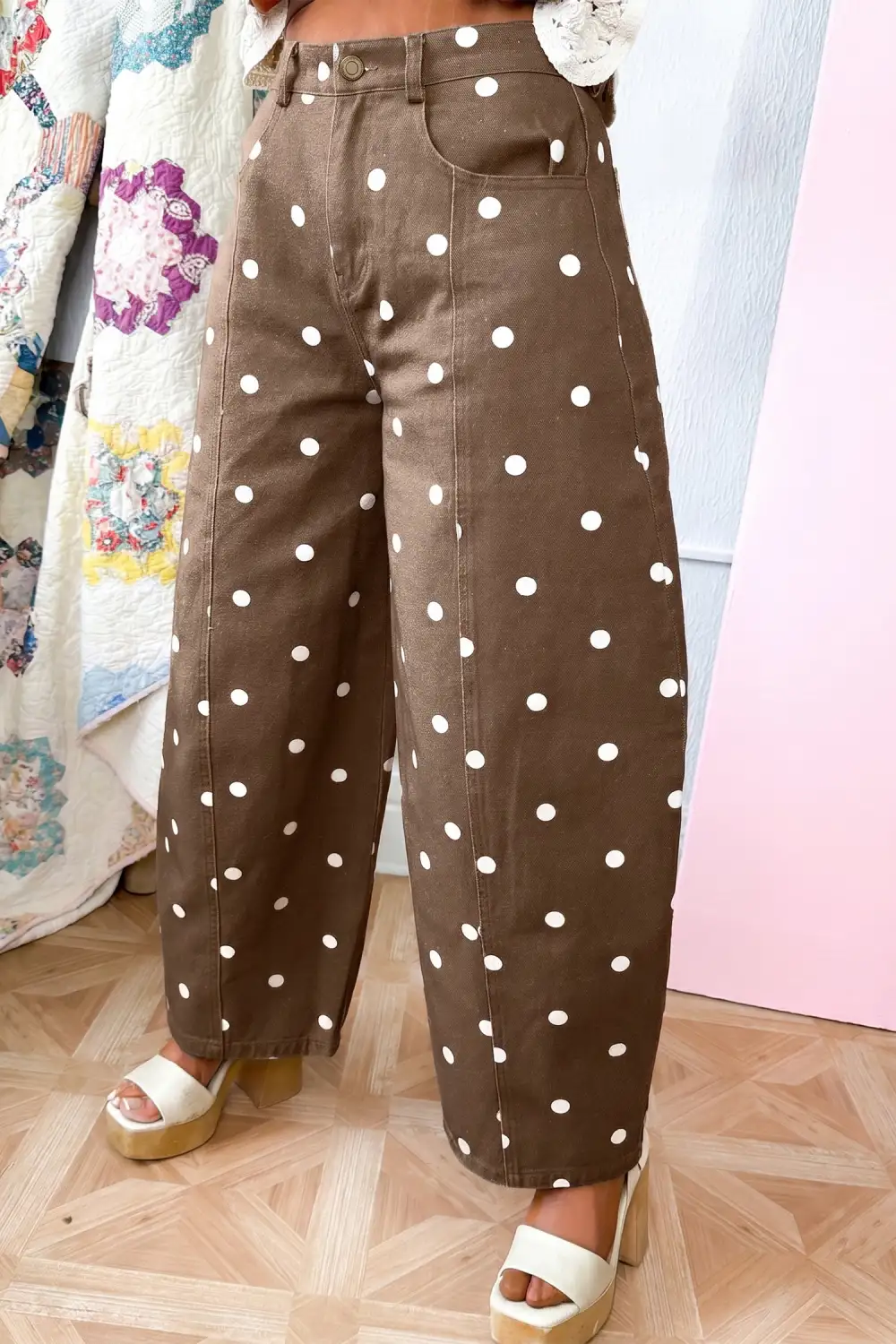 Polka Dot Relaxed Fit Barrel Leg Cropped Casual Jeans