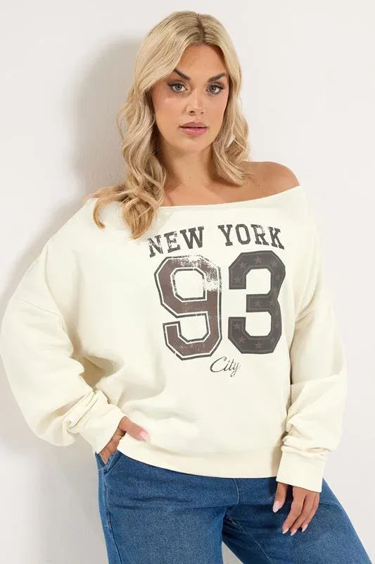 Cream 'New York' Off Shoulder Sweatshirt