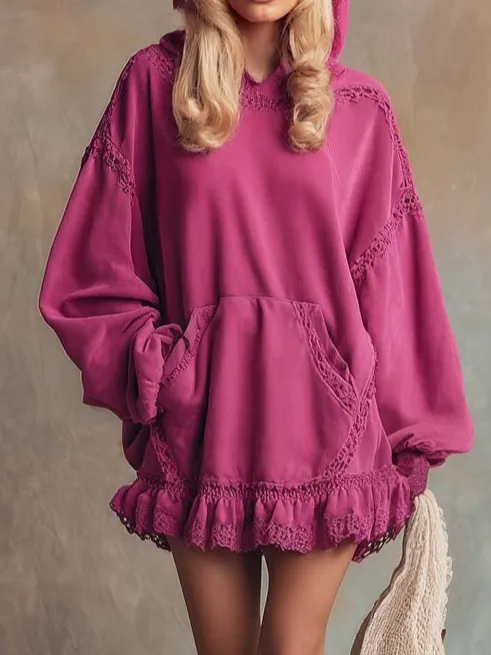 Lace Trimmed Ruffled Hem Hooded Mini Dress