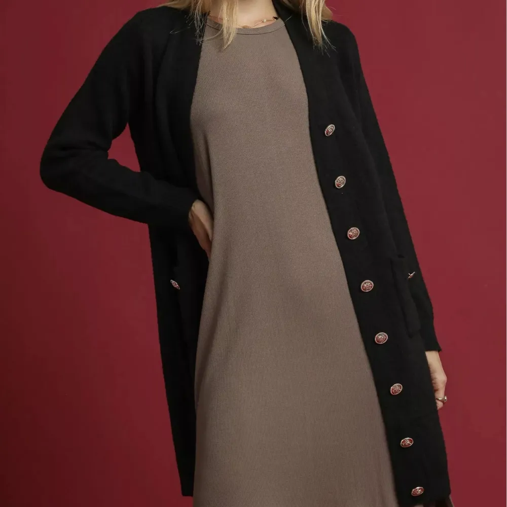 Button Down Longline Pocket Detail Ribbed Knit Cardigan