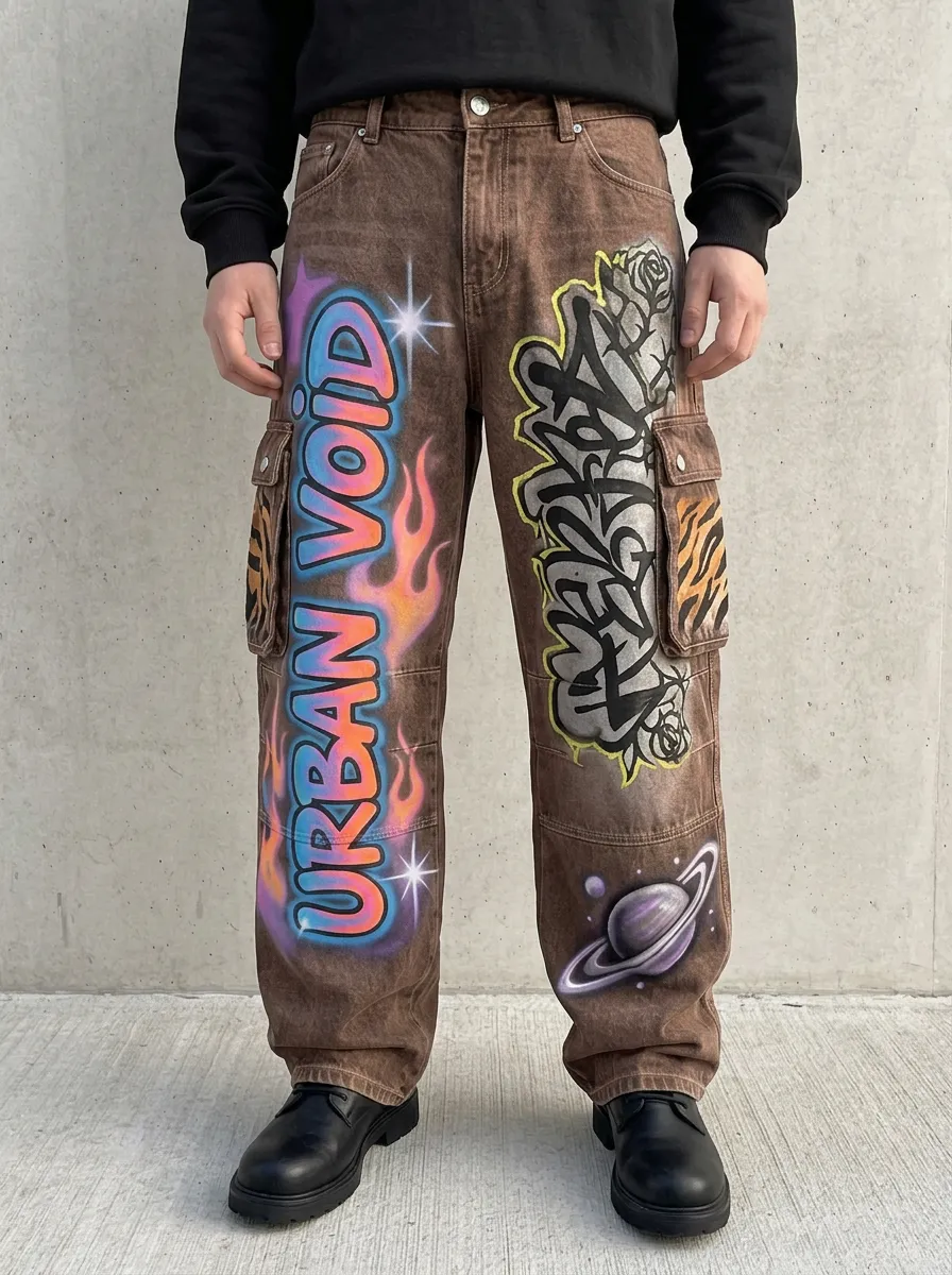 Men's Streetwear Urban Void Graffiti Flame Graphic Cargo Jeans