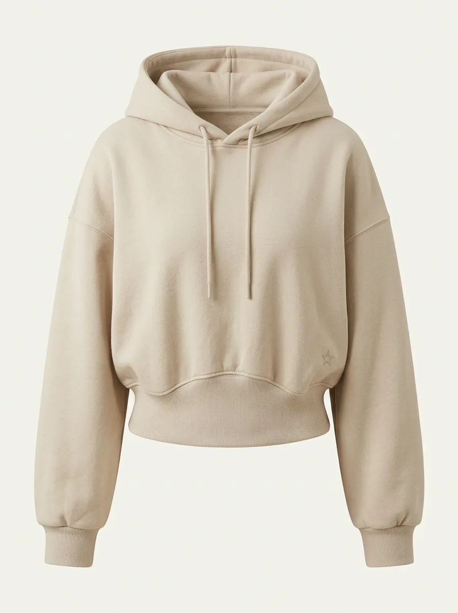 Women's Casual Minimalist Star Embroidered Beige Cropped Hoodie
