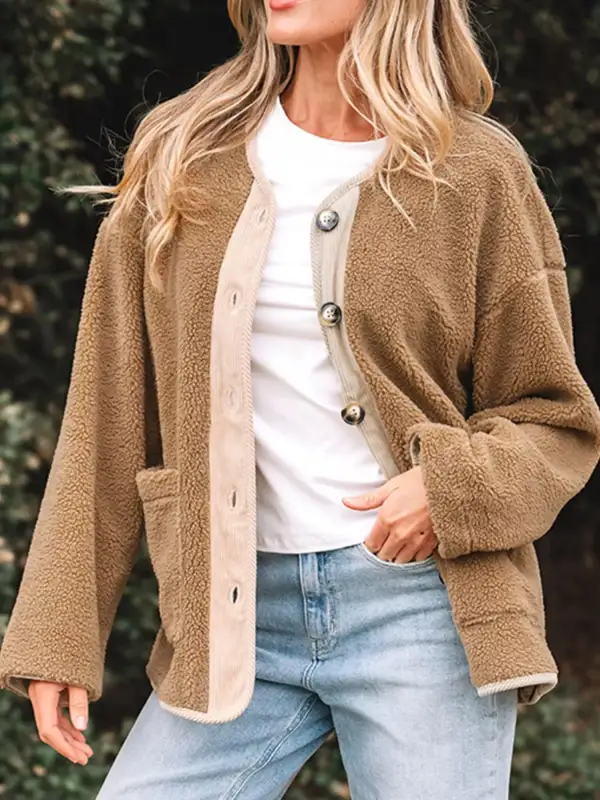 Puffy Plush Corduroy Edge Patchwork Jacket With Pockets