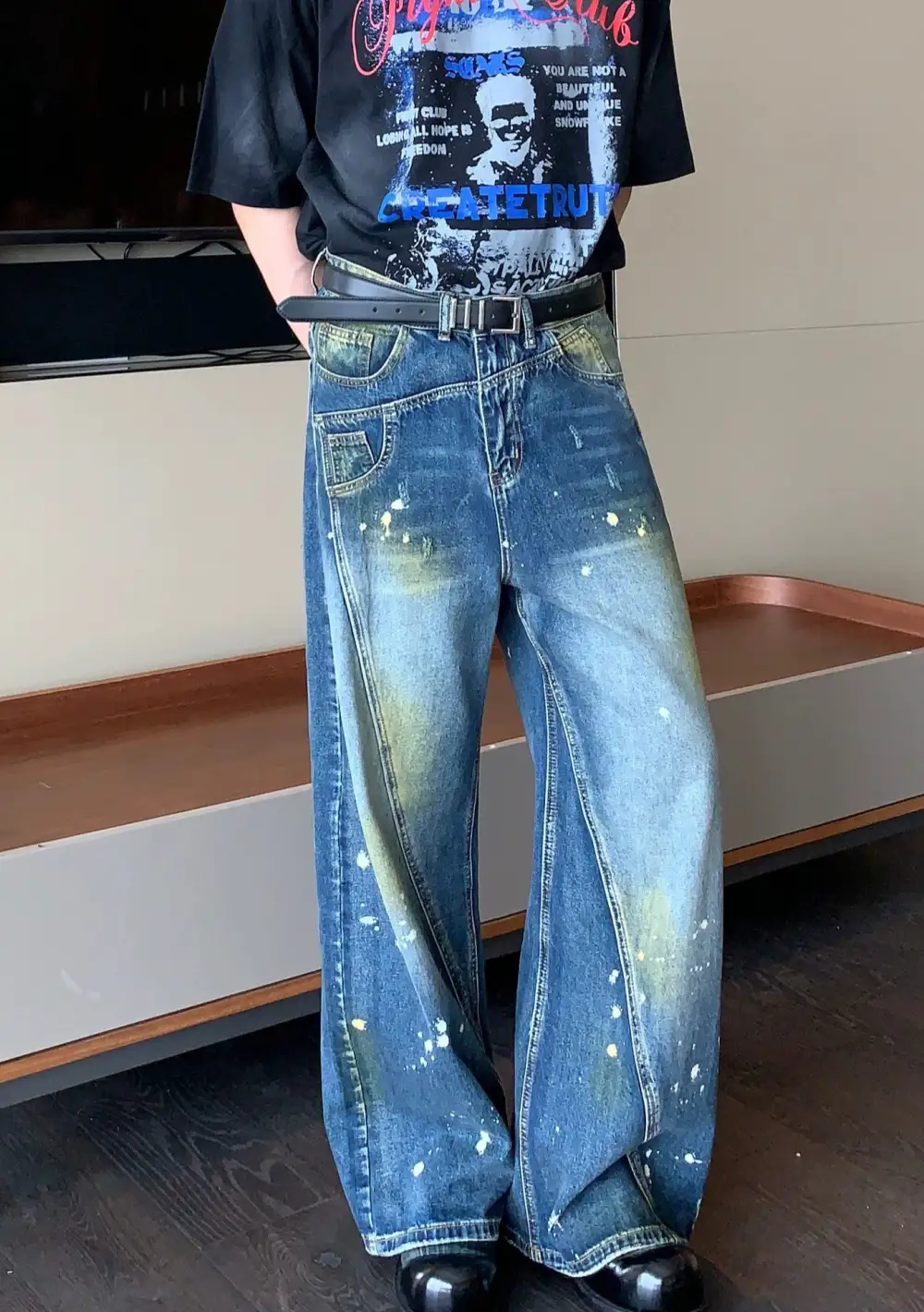 Paint-Splatter Wide-Leg Jeans