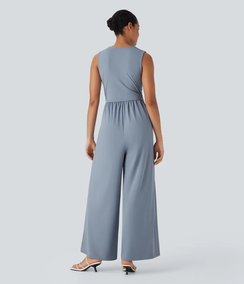 SoftlyZero Airy V Neck Sleeveless Ruched Pocket Cool Touch Casual Jumpsuit-Easy Peezy