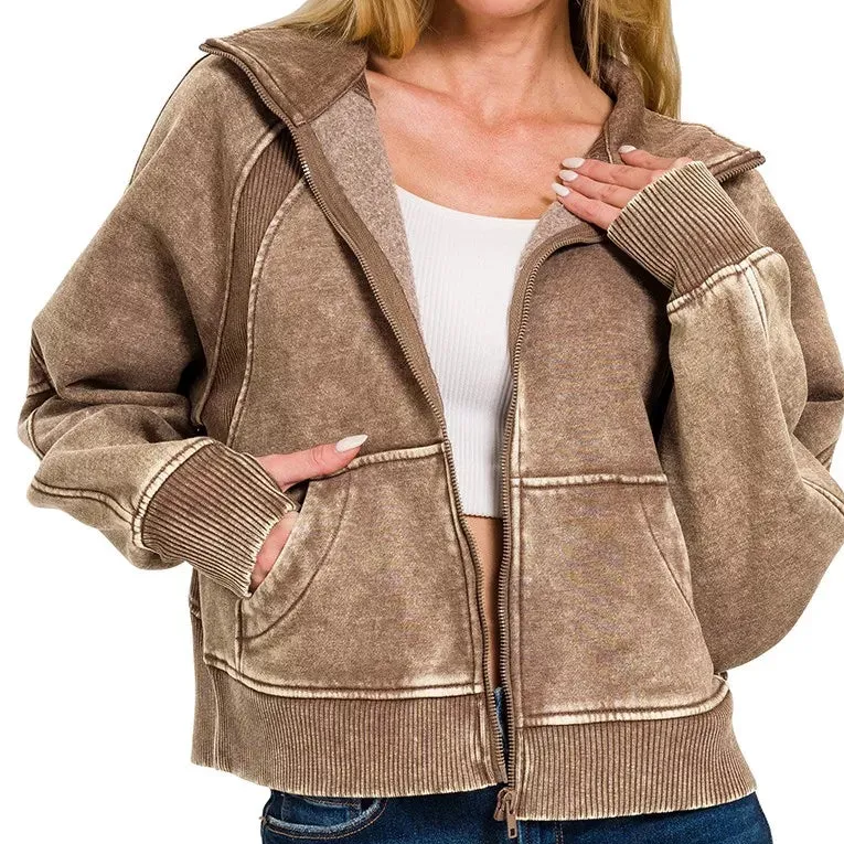 Acid Wash Pocket Detail Zip Up Fleece Casual Jacket