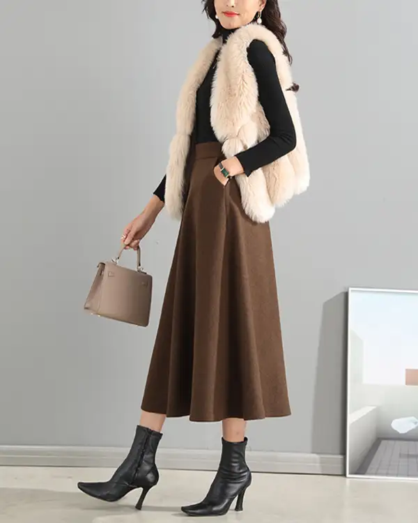 Pocketed Wool A Line Maxi Skirt