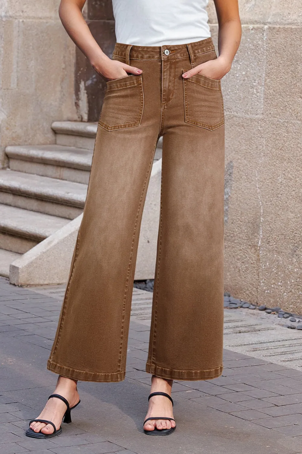 High Waist Patch Pocket Casual Jeans