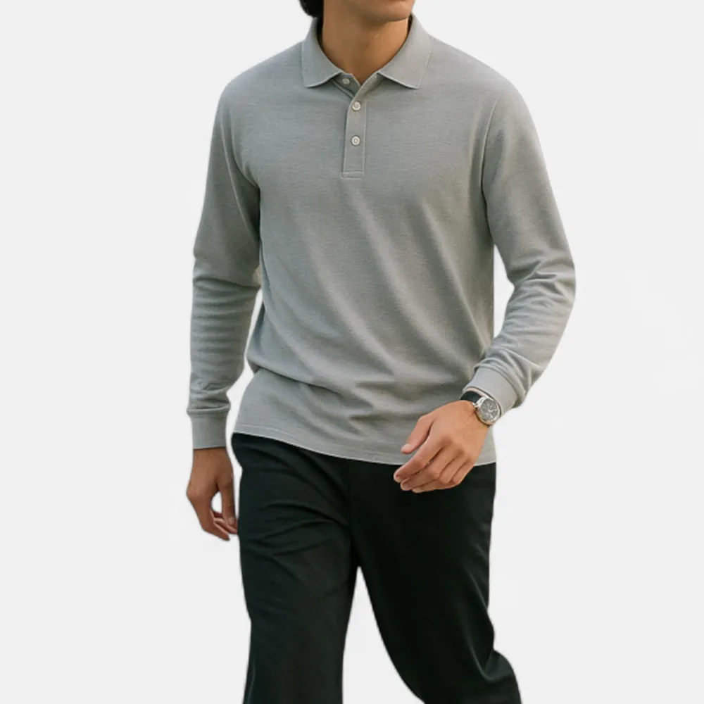Cotton Denim Long Sleeve Polo Shirt