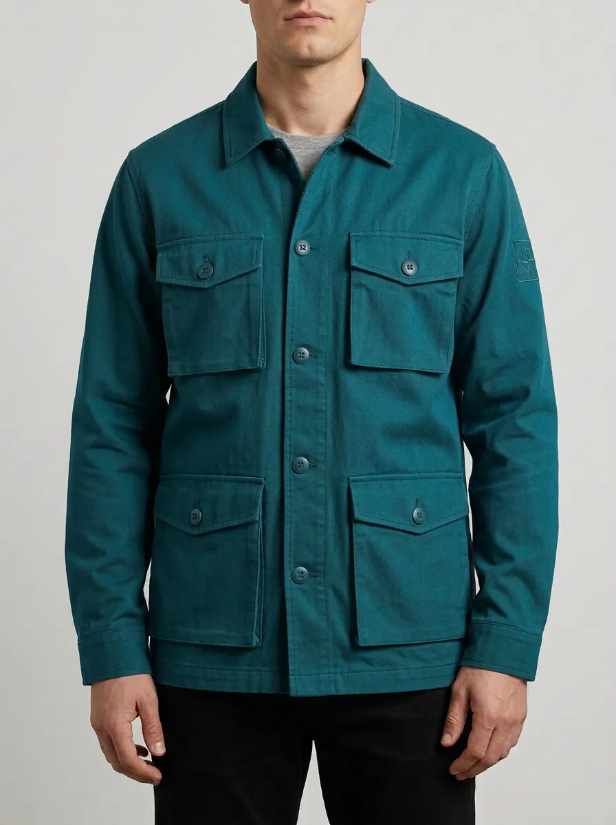 Men's Military Style Olive Green Patch Pocket Utility Jacket