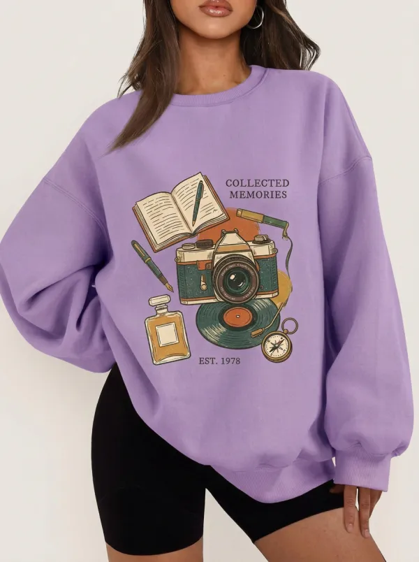 Women's Vintage Hobbyist Collected Memories Camera Vinyl Printed Sweatshirt