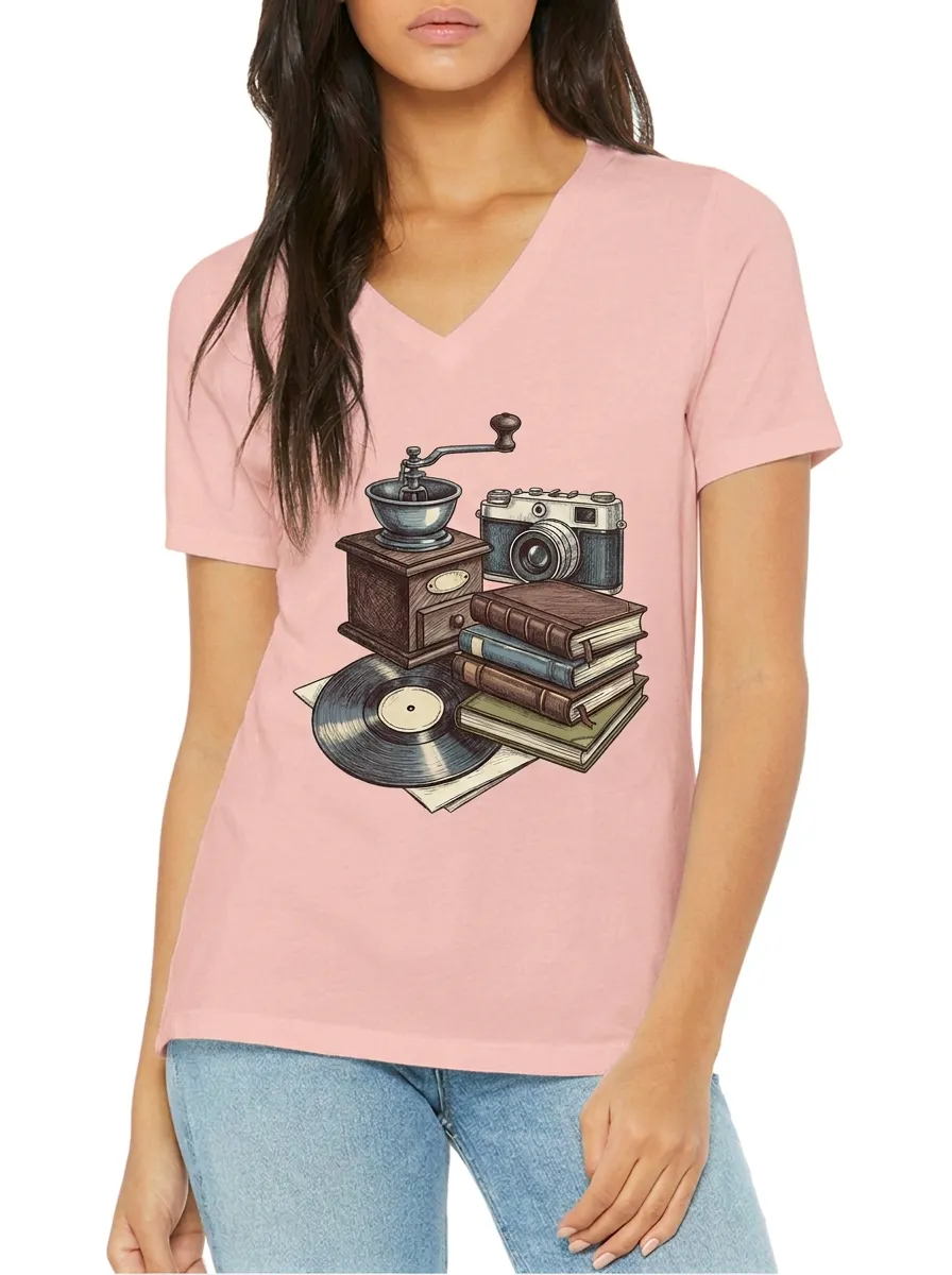 Women's Vintage Hobby Lover Camera Books Vinyl Graphic V-Neck T-Shirt