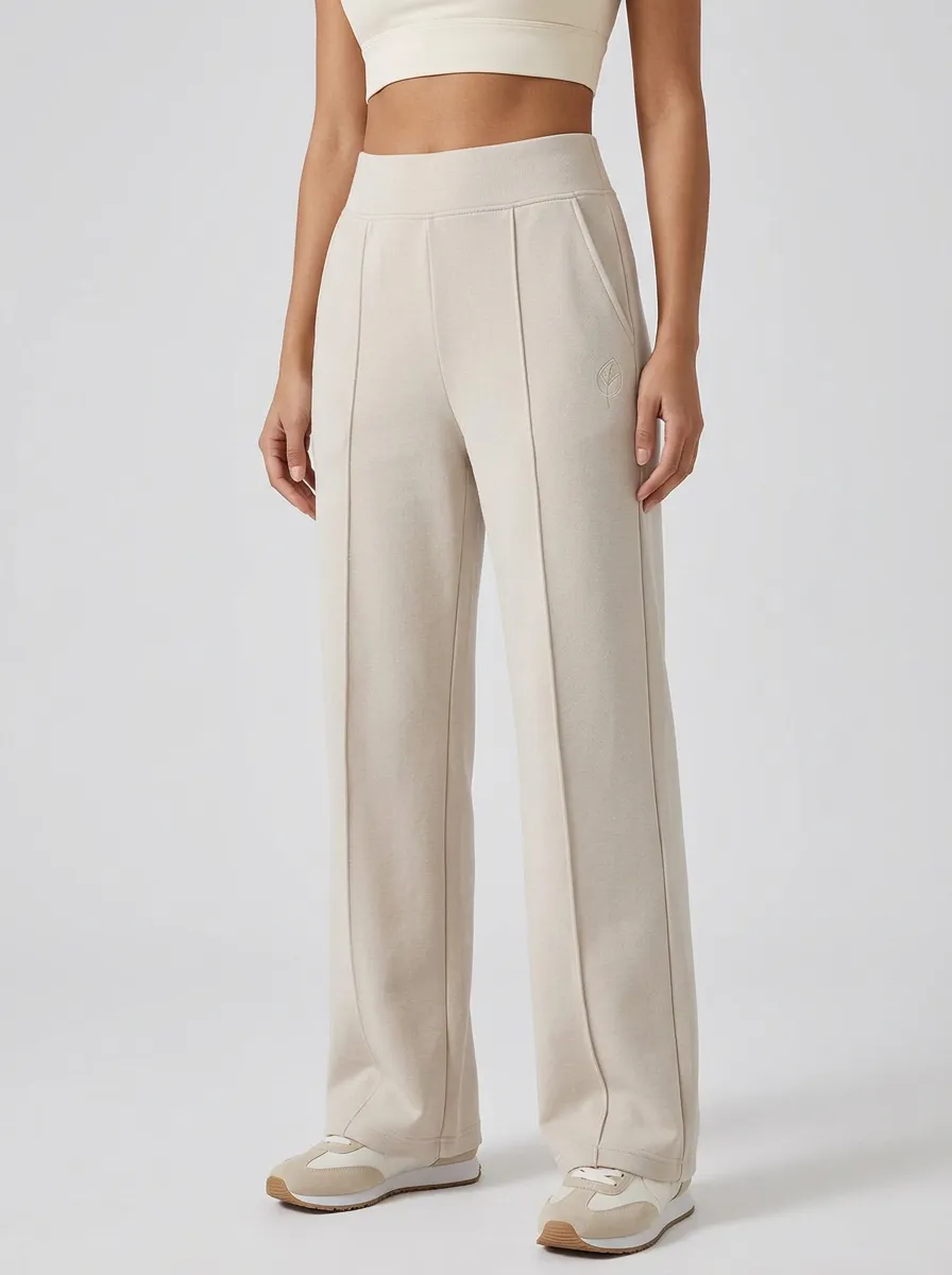 Women's Minimalist Beige Leaf Embroidered Wide Leg Sweatpants