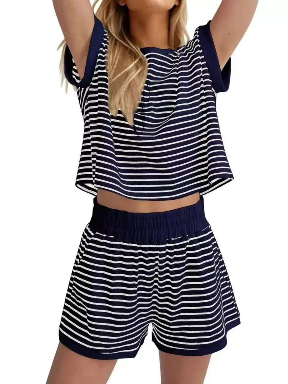 Striped Round Neck Top and Shorts Set