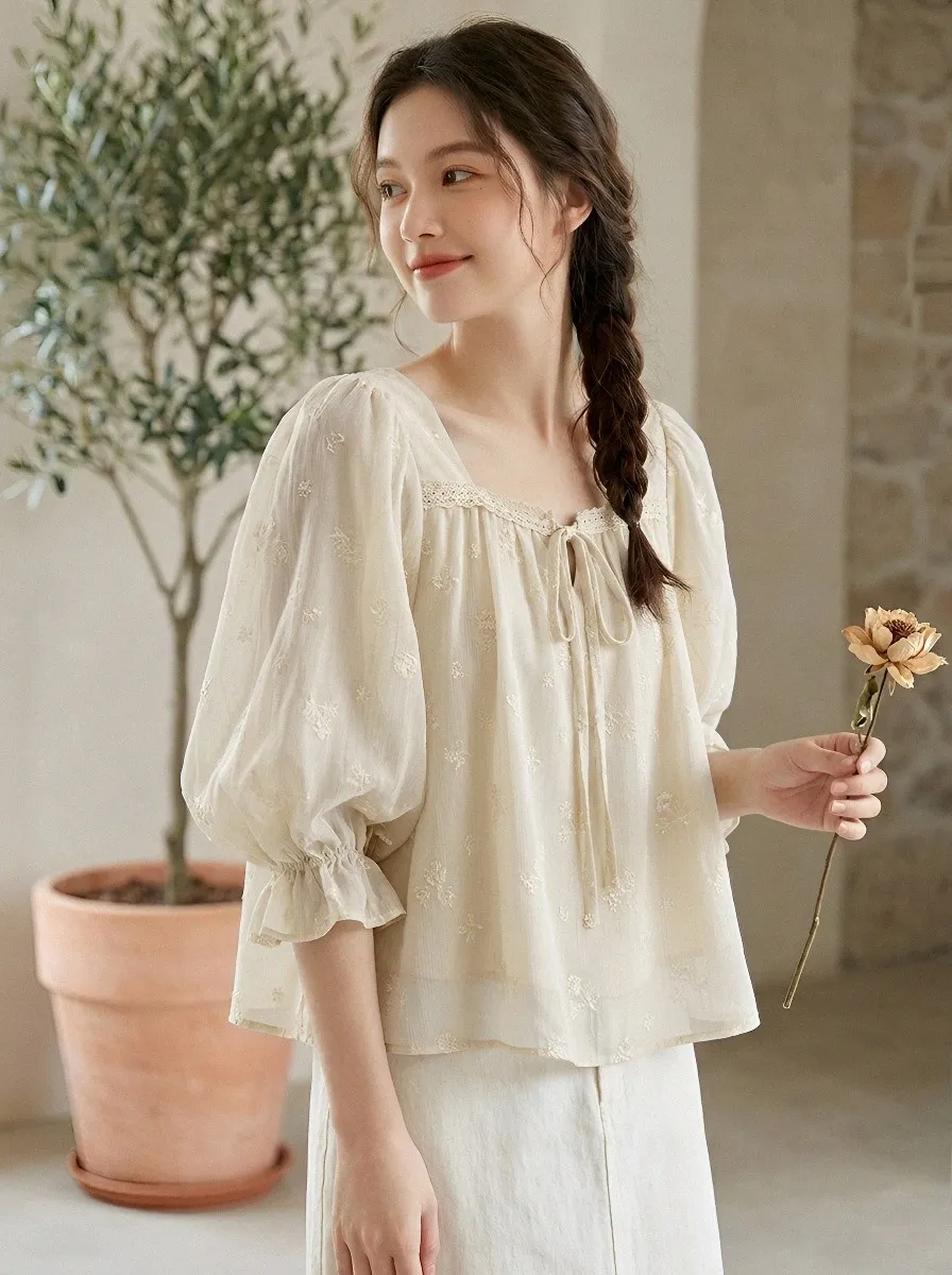 Embroidered Women's Puff-Sleeve Blouse