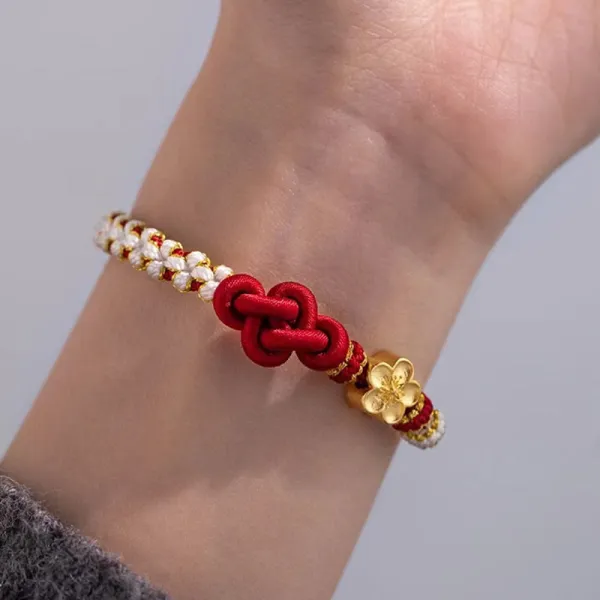 Handmade Love Knot Peach Blossom Charm Rope Bracelet
