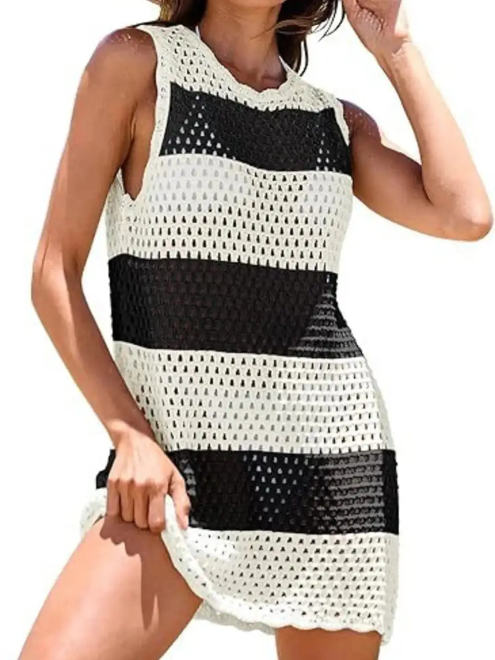 Blocked Pattern Openwork Sleeveless Panel Detail Swim Cover Up