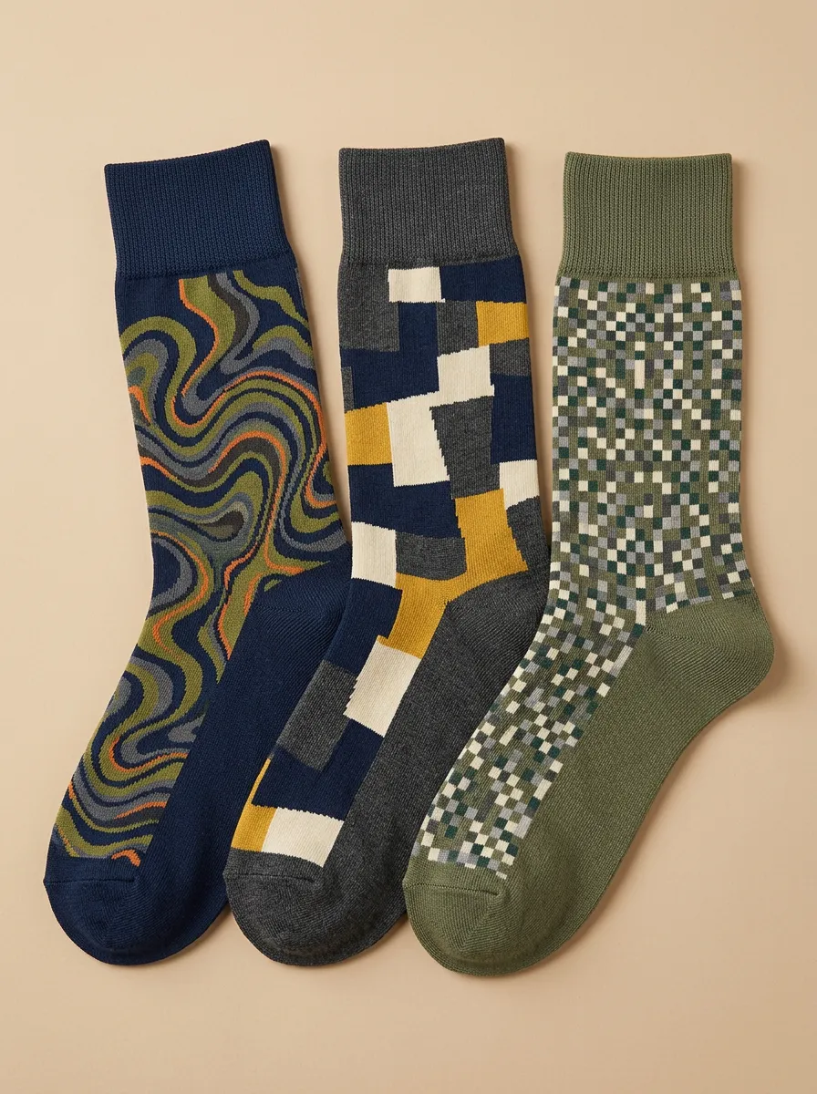 Men's Wavy Lines Pixel Pattern Three-Pair Crew Socks