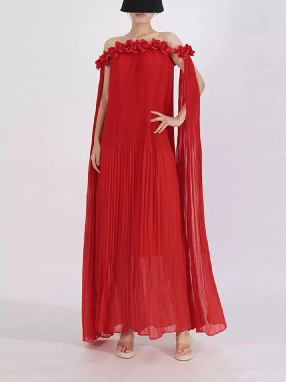 Off Shoulder Floral Pleated Maxi Dress