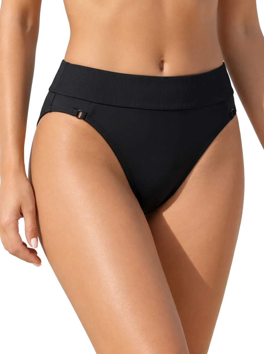 Black High Waist Bikini Bottoms with Polished Ring Detail