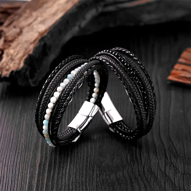 Hematite Agate Tiger Eye Amazonite Beaded Leather Bracelet