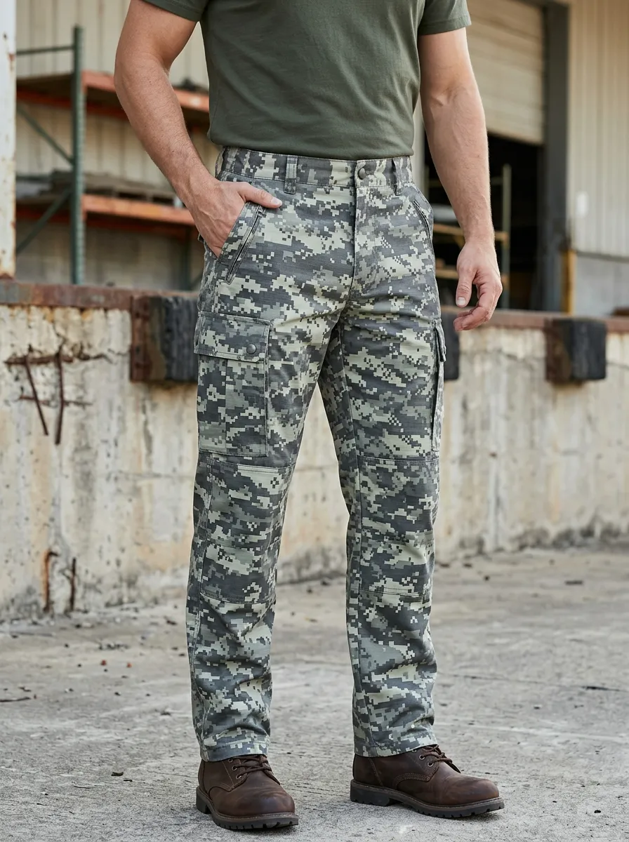 Men's Utility Digital Camo Button-Flap Pocket Reinforced Knee Cargo Pants