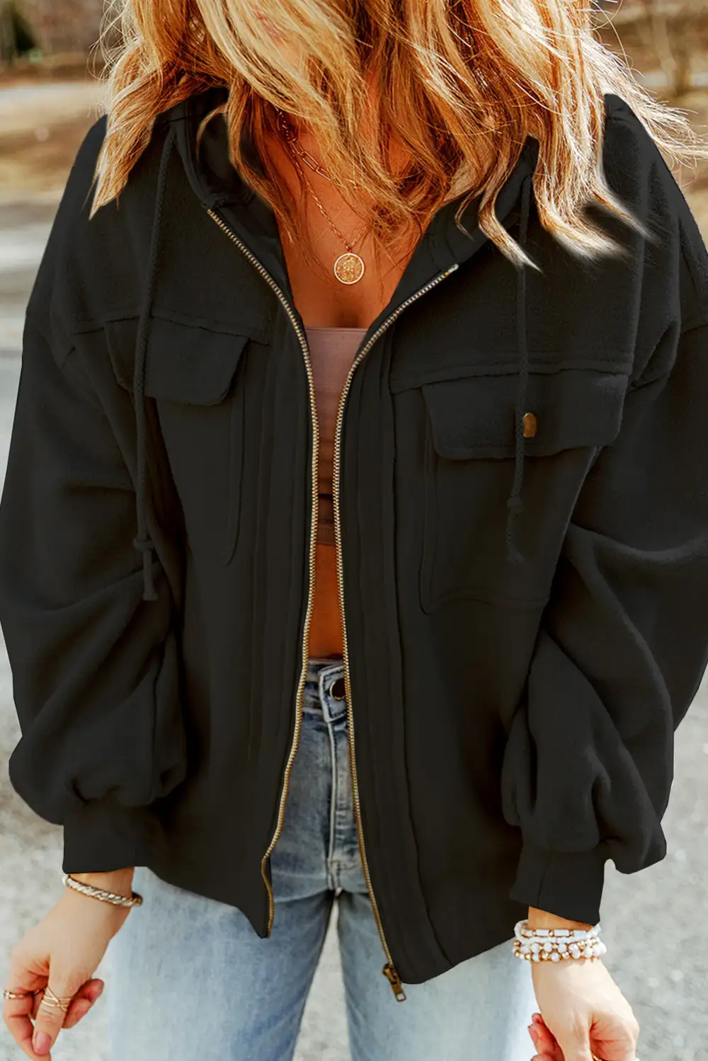 Flap Pocket Drawstring Hood Zip-Up Jacket
