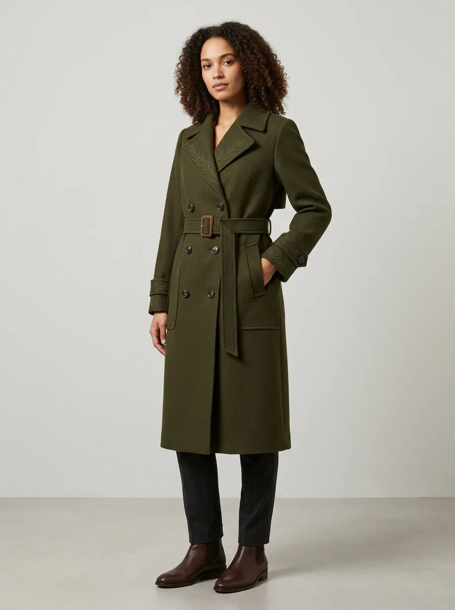 Women's Olive Green Leaf Embroidered Belted Trench Coat