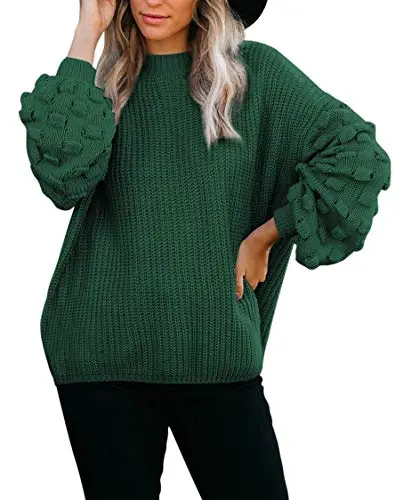 Women's Cute Oversized Crewneck Loose Puff Sleeves Chunky Knit Pullover Sweater