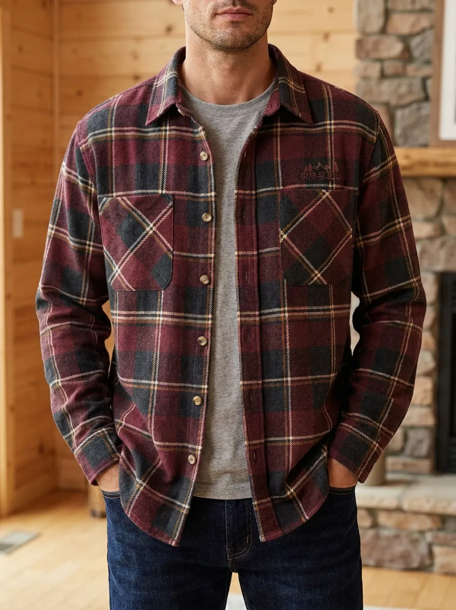 Mountain Forest Twin Pocket Graphic Detail Plaid Shirt
