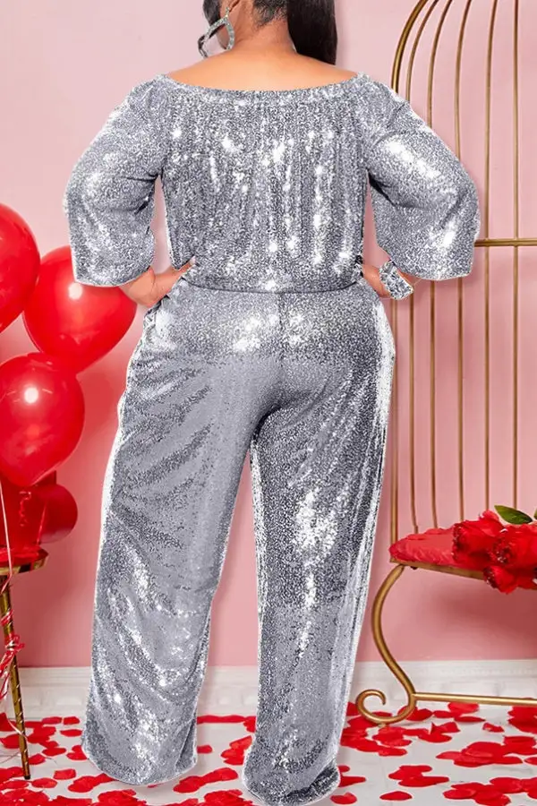 Sequin Off-Shoulder Long Sleeve Jumpsuit