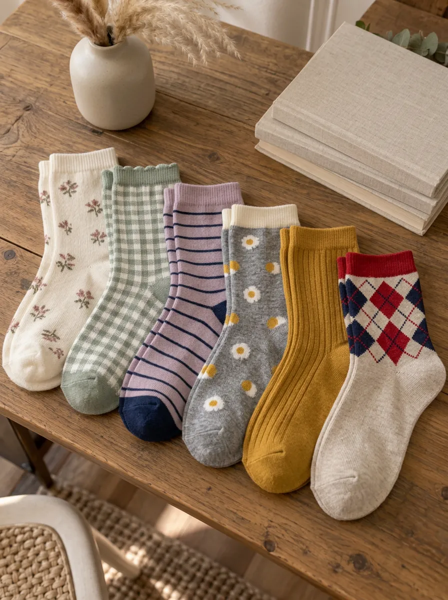 Women's Vintage Floral Plaid Striped Daisy Argyle Printed Socks Set
