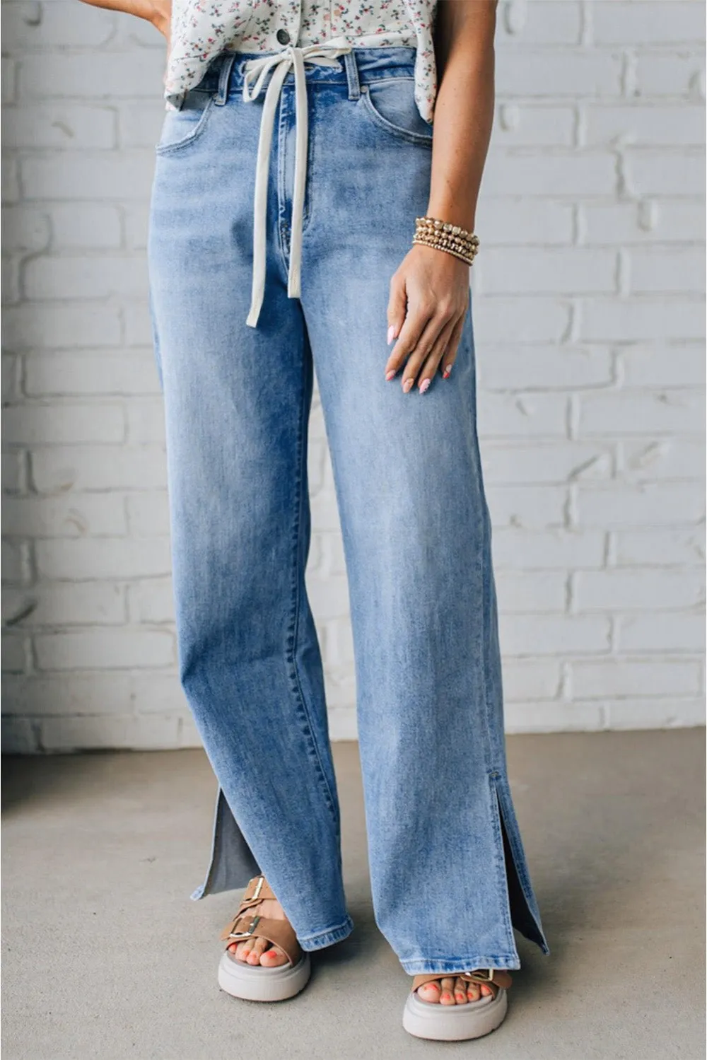 High Waist Drawstring Side Slit Casual Jeans