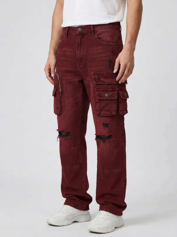 Men's Compass Graphic Distressed Denim Printed Cargo Jeans