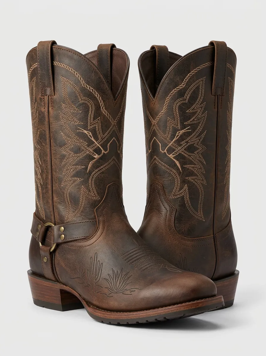 Rustic Cactus Embroidered Finish Unisex Western Cowboy Boots