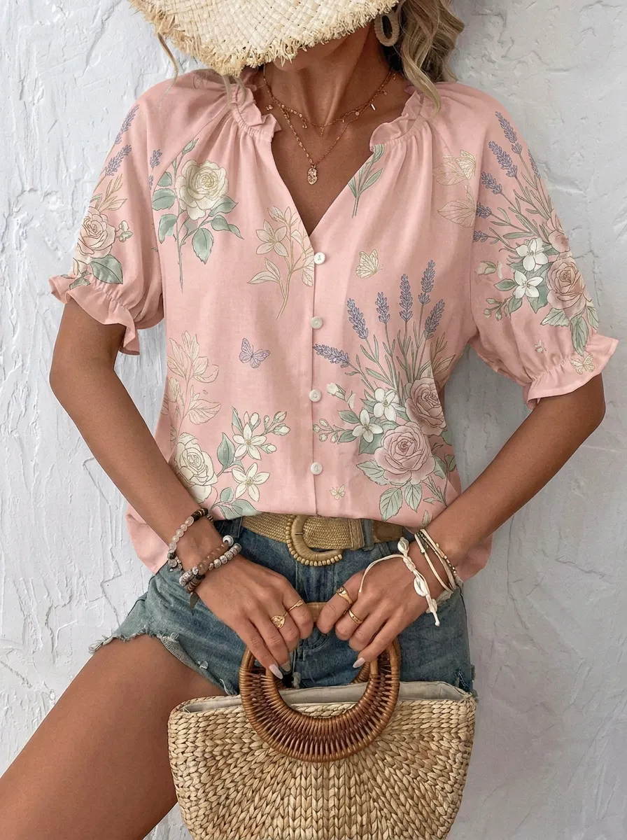 Women's Floral Botanical Butterfly Printed Button-Up Blouse