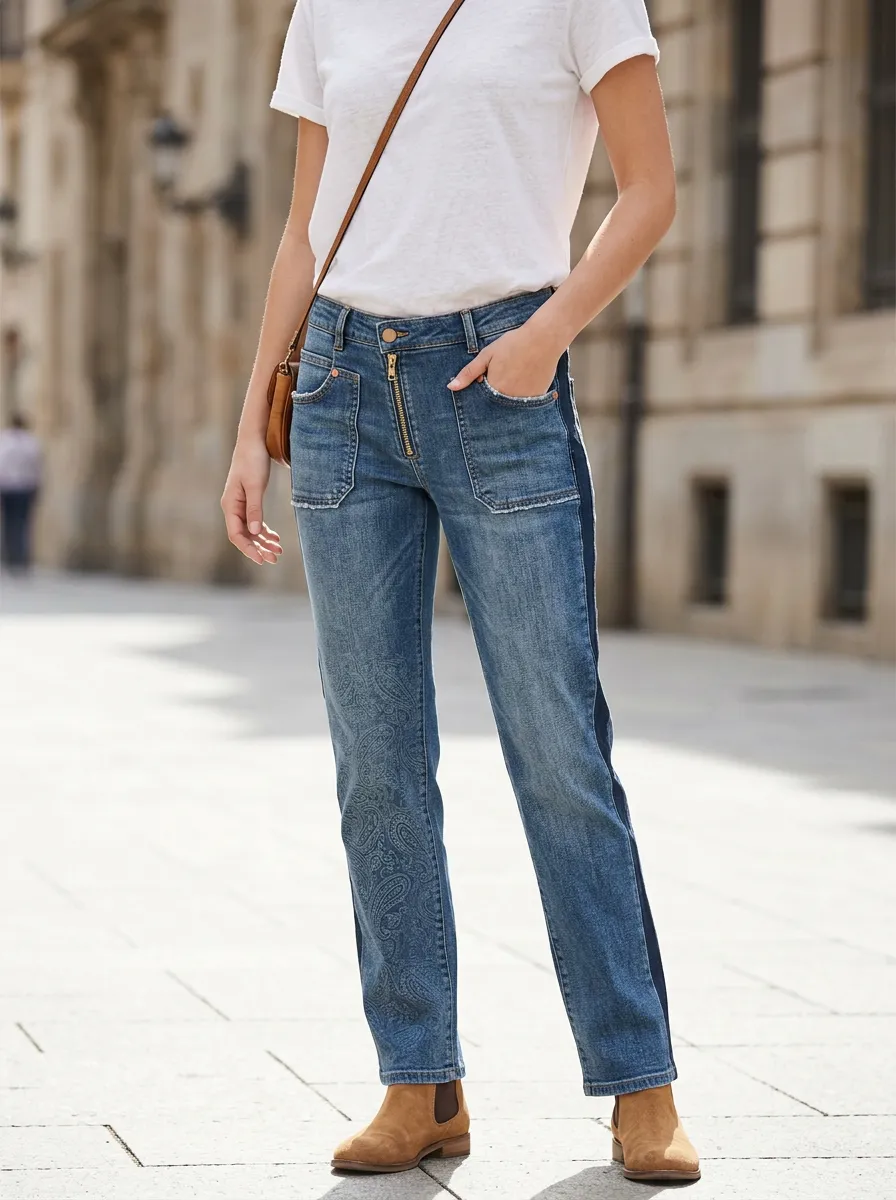 Women's Paisley Pattern Side Stripe Printed Jeans
