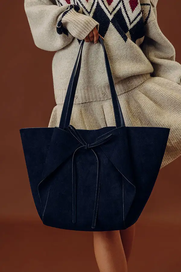 Faux Leather Faux Suede Bow Detail Tote Bag