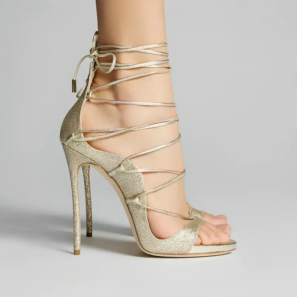 Round Toe Gladiator Lace Up Stiletto Sandals